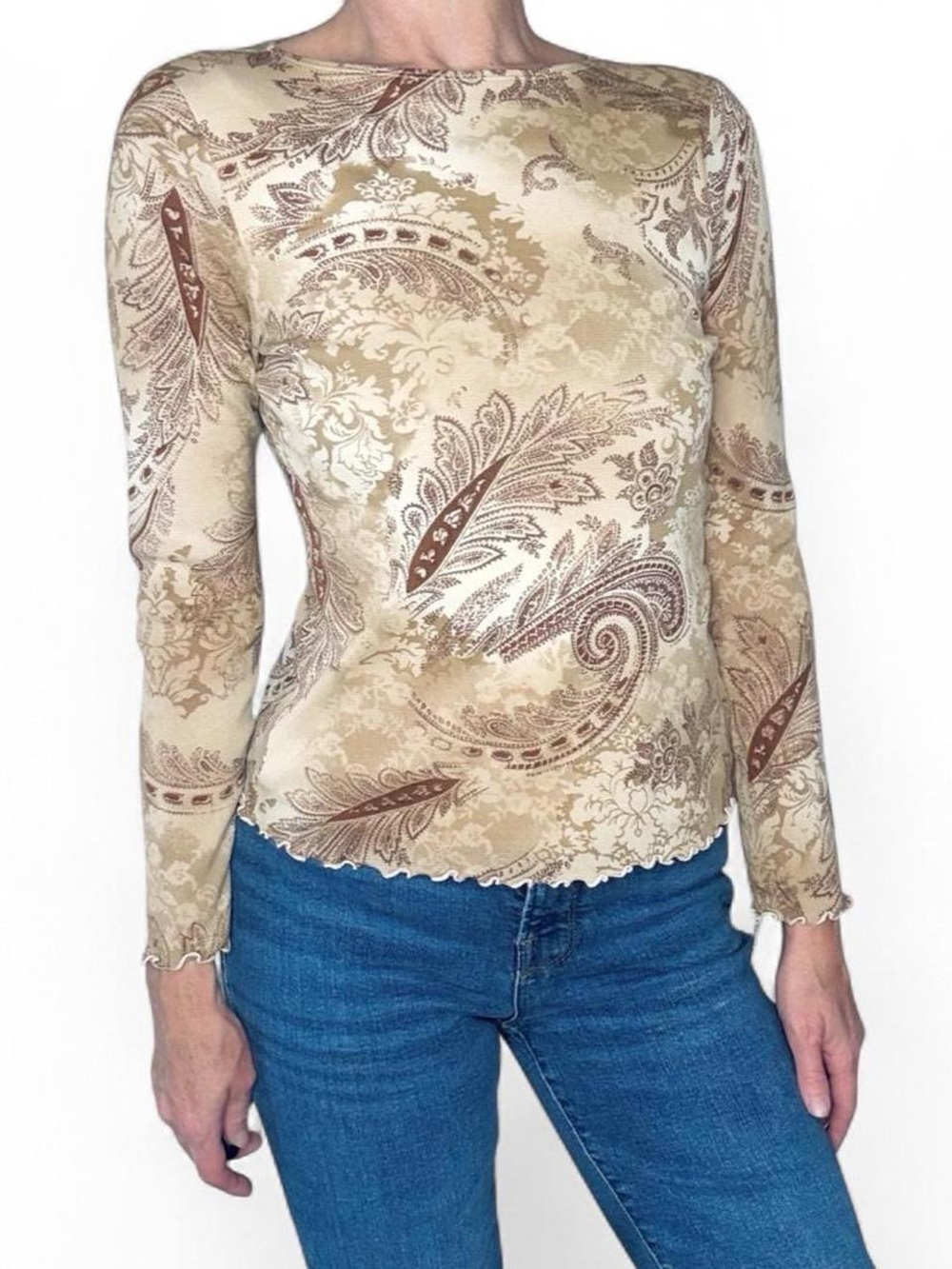 Vintage Y2K Tan Beige Paisley Bohemian Long Sleeve Shirt